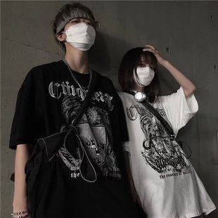 220g重磅纯棉INS嘻哈潮人暗黑风字母盾牌印花宽松短袖T恤男女夏季
