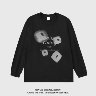 美式 长袖 骰子印花宽松重磅纯棉圆领打底衫 新款 街头上衣 T恤男春季