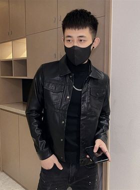 欧货男士修身皮衣潮流秋季黑色机车PU皮短款修身外套休闲个性夹克
