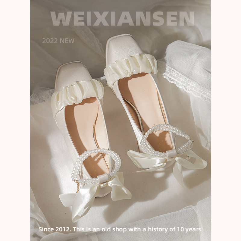 MR. MICRO HIGH HEELS WOMEN ARE NOT TIRED FEET THICK HEELS SINGLE SHOES WOMEN 5CM MIDDLE HEEL BRIDESMAID SHOES WHITE BRIDAL SHOES WEDDING SHOES WOMEN