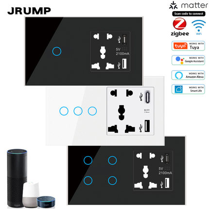 147-涂鸦Zigbee智能开关面板带五孔插座USB+C的智能墙壁触摸开关
