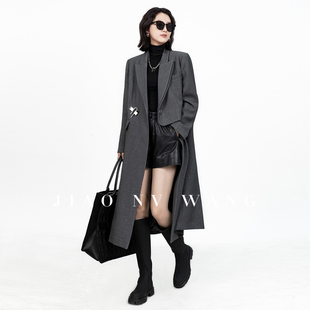 设计感灰色西装 大衣女秋冬韩系不对称门闩假两件洋气职场西服大衣