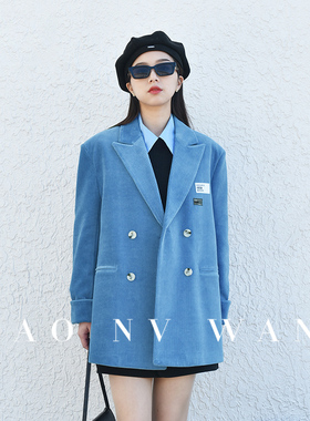 蓝色灯芯绒西装外套女秋季新款时尚复古休闲条绒高级感加绒西服