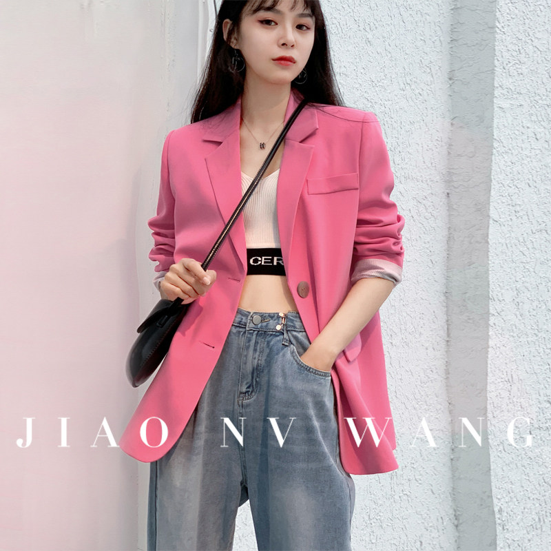 粉色正肩小西装外套女春夏新款贝壳扣休闲气质炸街宽松高级感西服,女装/女士精品,西装,淘宝优惠券,粉丝福利购,淘宝优惠卷