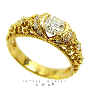 50分古典镂空心形花纹钻戒 定制 925纯银镀18K金复古求婚戒指个性