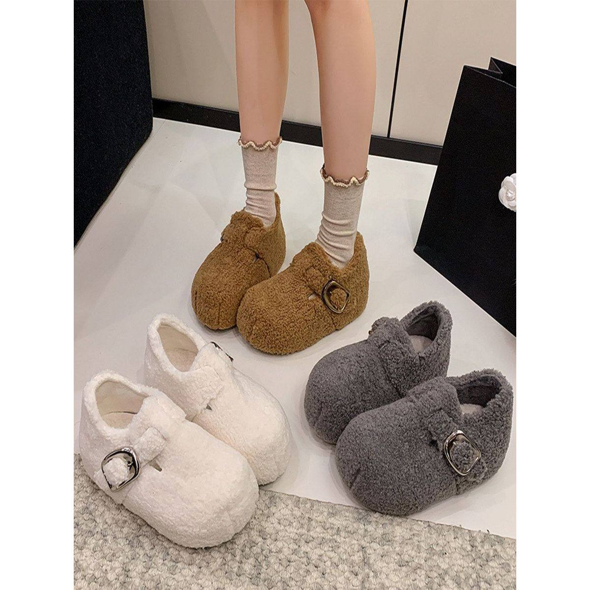 小香风保暖灰色毛毛鞋女冬外穿厚底加绒勃肯鞋小个子增高乐福棉鞋,女鞋,勃肯鞋/软木鞋,淘宝优惠券,粉丝福利购,淘宝优惠卷