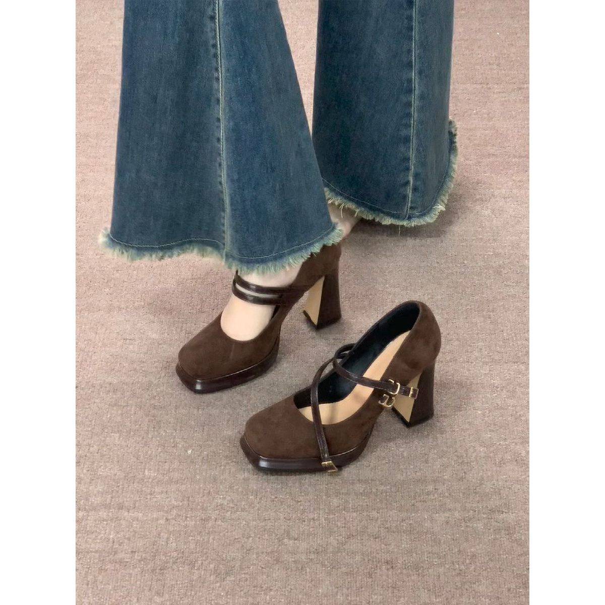 新中式复古玛丽日常珍鞋百搭方头防水高跟鞋一字棕色小个子单鞋女,女鞋,玛丽珍鞋,淘宝优惠券,粉丝福利购,淘宝优惠卷