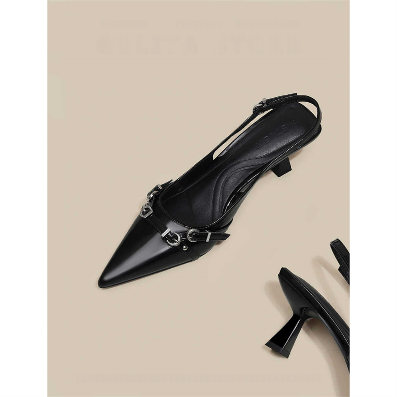 一字带包头凉鞋女2025春夏季百搭气质御姐性感尖头黑色高跟鞋女细
