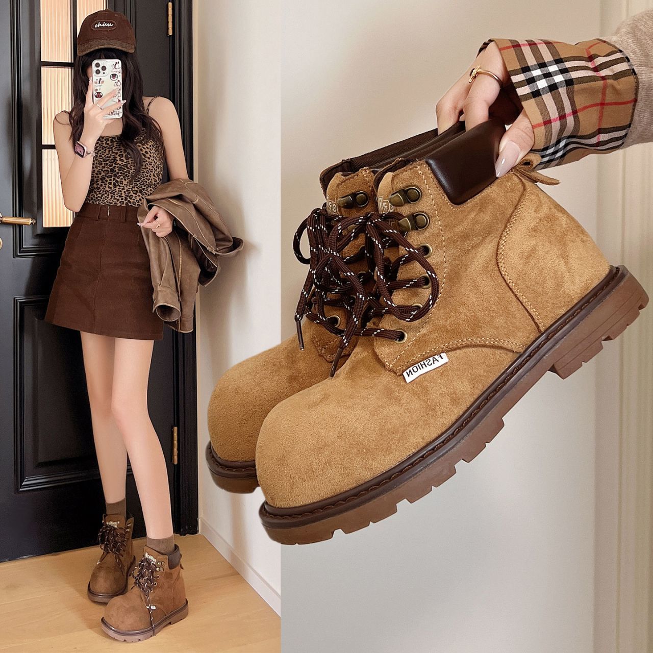 英伦厚底洋气马丁靴女2025大头秋季新款工装休闲增高复古大黄短靴