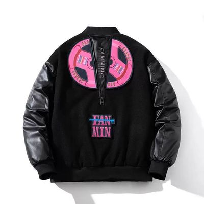 美式高街vibe风毛呢棒球服个性外套男女冬装潮流皮袖夹克情侣棉衣