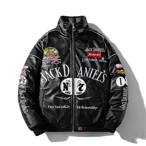 加厚冬季刺绣皮衣赛车服男女棉衣