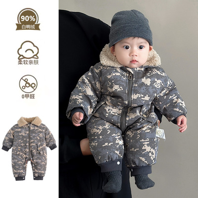 朋克风冬季婴儿羽绒服新生儿90白鸭绒连体衣男宝加厚机车外出爬服