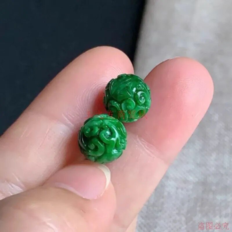 天然A货翡翠满绿雕花干青圆珠子缅甸辣绿玉石散珠单珠子一对12mm