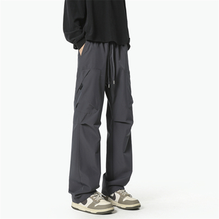 灰色弯刀阔腿裤男士秋冬2026新款高腰休闲窄版直筒垂感冲锋工装裤