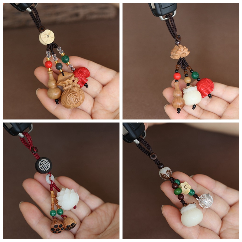 桃木钱袋钥匙扣菩提莲花象牙果藕片平安 汽车用情侣钥匙环 链圈