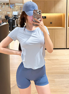 蓝色运动短袖女速干修身显瘦健身T恤跑步训练瑜伽服上衣春季薄款