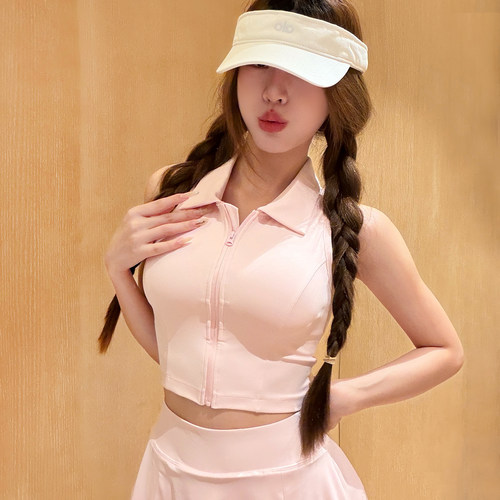 粉色polo领健身背心女绝美带胸垫网球运动文胸晨跑羽毛球瑜伽上衣