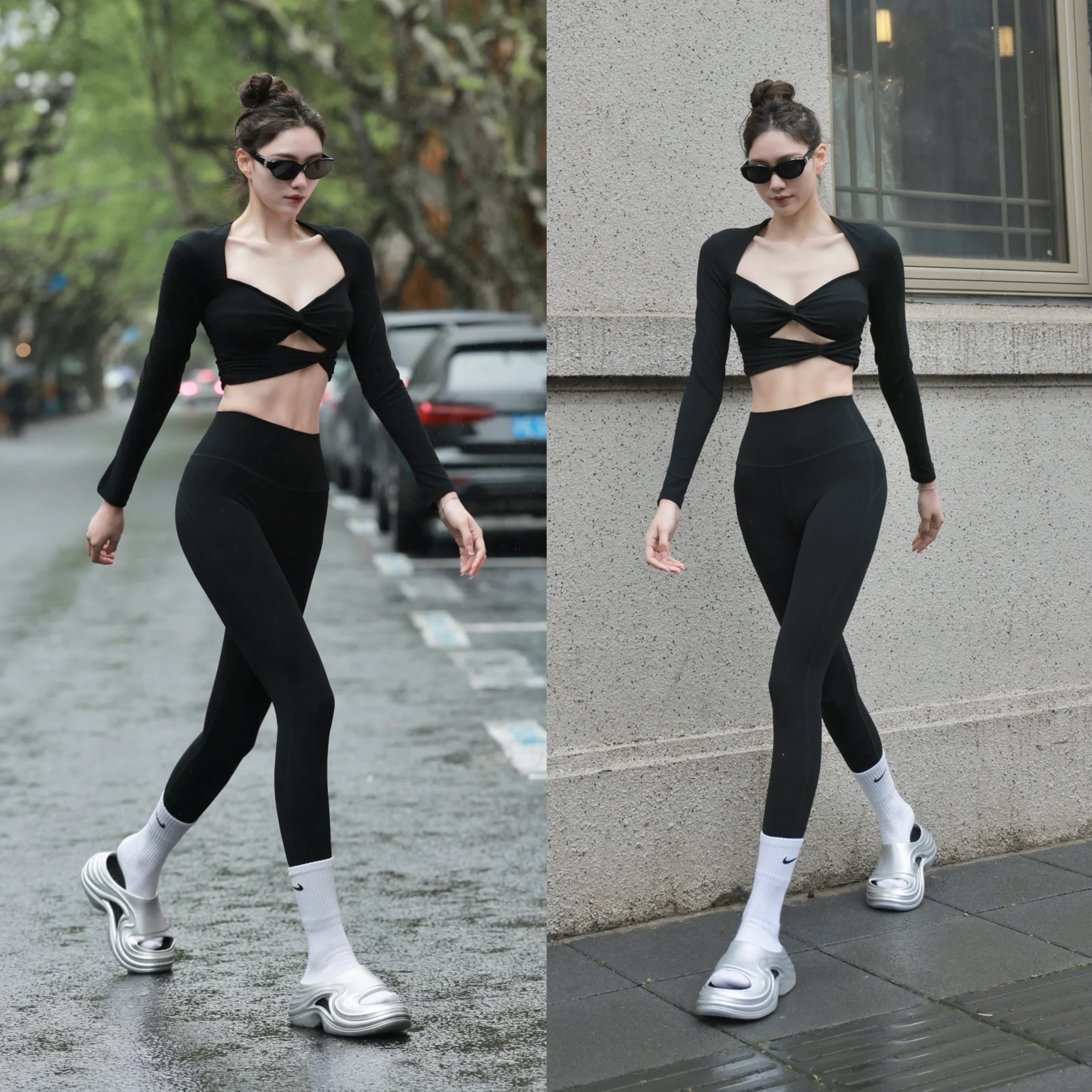 欧美性感白色短款健身长袖女假两件带胸垫运动上衣普拉提瑜伽服秋