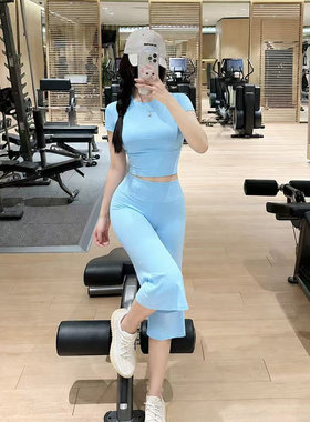 蓝色专业训练健身套装女高腰七分宽松运动裤普拉提训练瑜伽短袖秋