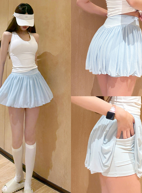 绝美网纱健身网球裙女跑步运动百褶裙蓝色瑜伽羽毛球半身裙秋季