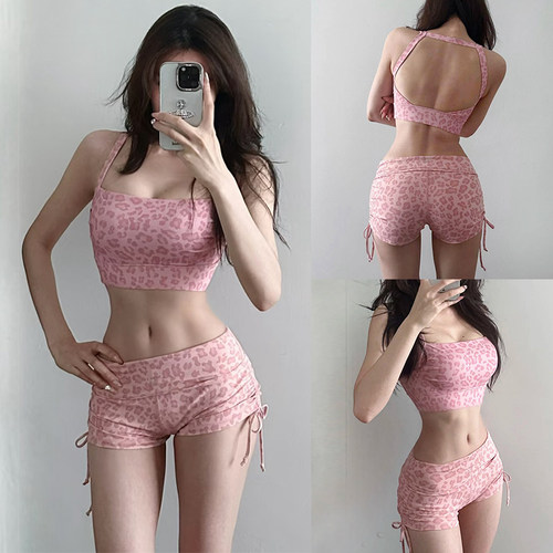 欧美性感豹纹健身套装女带胸垫防震运动文胸普拉提训练瑜伽服短裤