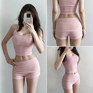 粉色绝美低腰辣妹健身短裤女专业跑步运动三分裤高级感瑜伽热裤