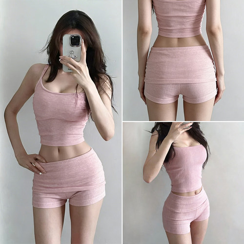 粉色绝美低腰辣妹健身短裤女专业跑步运动三分裤高级感瑜伽热裤