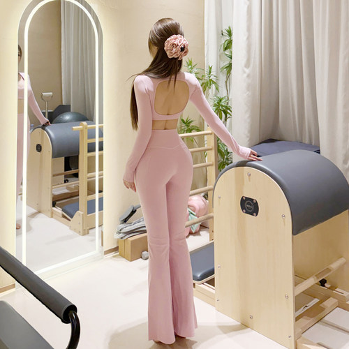 欧美粉色高腰微喇健身裤女蜜桃提臀运动高级感普拉提套装瑜伽服春