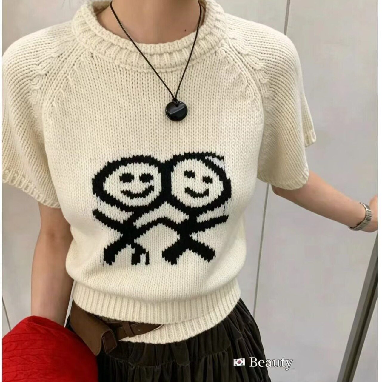 火柴人系列 趣味提花圆领短款套头毛衣女2026秋新款