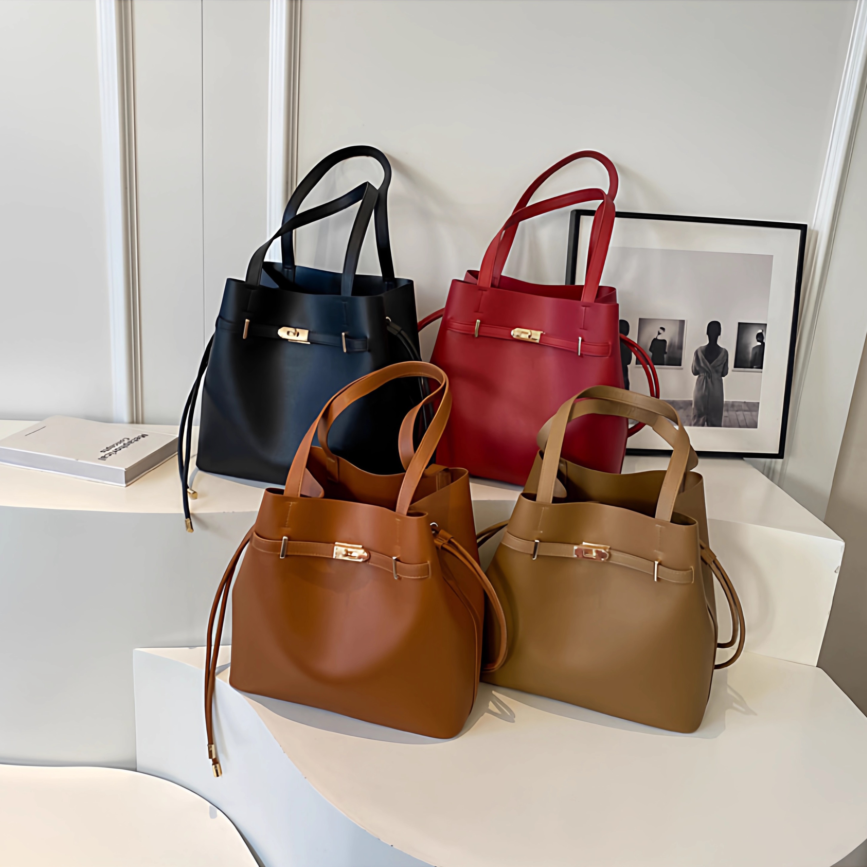 百搭通勤托特新款大容量女士手提包水桶包简约包单肩斜挎包女时尚