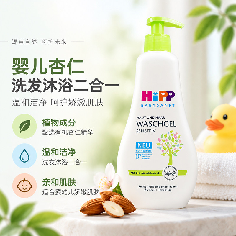 德国Hipp喜宝新生婴幼儿童洗护2合1洗发水沐浴露二合一400ml