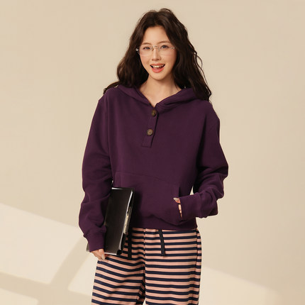 FORUYES官方店 短款半开扣连帽卫衣女两粒扣小个子短款连帽衫上衣