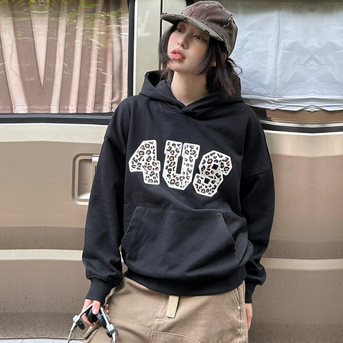 FORUYES豹纹字母连帽衫印花
