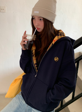 FORUYES官方店 秋冬季格子拼接圆环字母宽松拉链帽衫开衫加绒外套