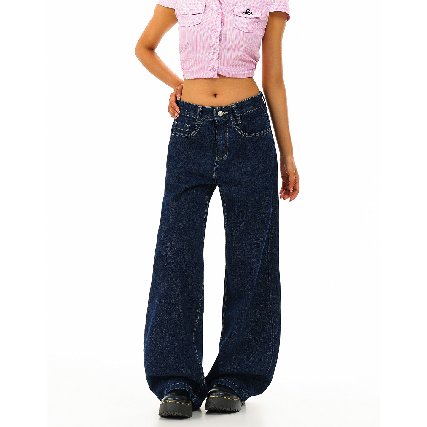 FORUYES官方店 春秋季蓝色阔腿水洗牛仔长裤女高腰宽松拖地牛仔裤