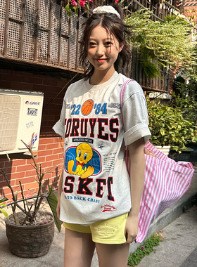 FORUYES官方店 春夏新款美式小鸟篮球字母印花情侣潮圆领t恤短袖