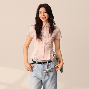 FORUYES官方店 美式复古女ins正肩翻领修身显瘦polo领波点衬衫