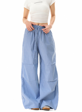 FORUYES官方店 美式复古A型弯刀阔腿格子休闲裤设计感宽松潮长裤