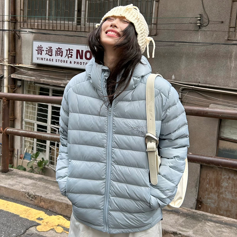 FORUYES官方店 美式标语刺绣轻薄白90鸭绒连帽排骨羽绒服上衣