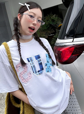 FORUYES官方店 夏季贴布绣格纹碎花潮情侣男女宽松打底衫T恤短袖