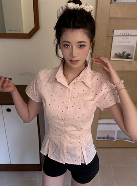 FORUYES官方店 美式复古女ins正肩翻领修身显瘦polo领波点衬衫