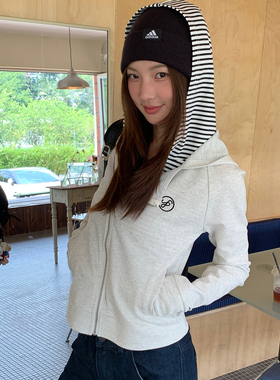 FORUYES官方店 美式复古圆环假两件斜襟连帽女撞色修身拉链帽衫