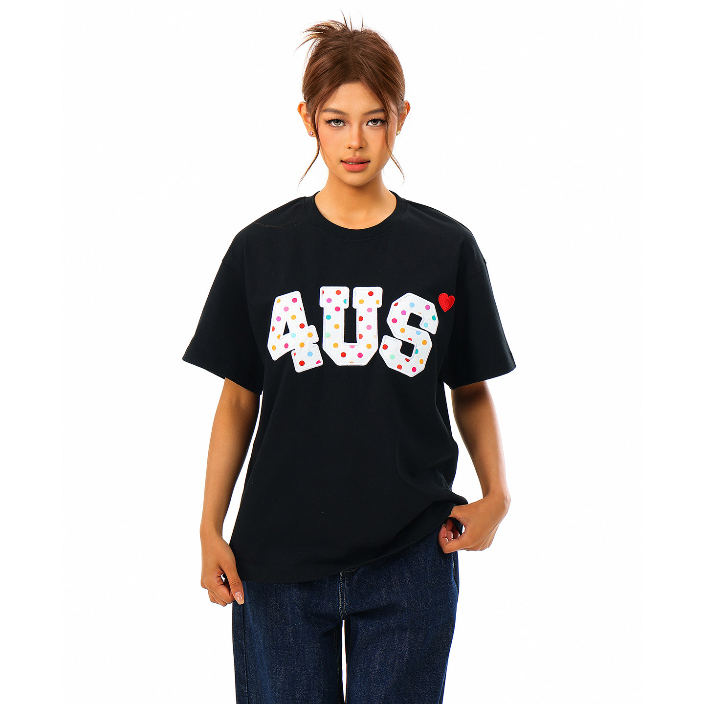 FORUYES官方店 春夏彩色爱心波点贴布刺绣情侣款宽松上衣短袖T恤