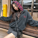 FORUYES官方店 秋冬标语刺绣红色格纹假两件水洗情侣宽松拉链帽衫