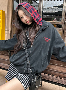 FORUYES官方店 秋冬标语刺绣红色格纹假两件水洗情侣宽松拉链帽衫