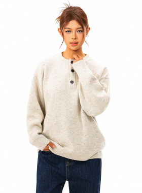 FORUYES官方店 美式复古春秋亨利领彩点毛衣高级感排扣上衣针织衫