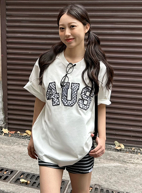 FORUYES官方店 春夏新款蛇纹贴布绣字母国潮情侣男女宽松T恤短袖