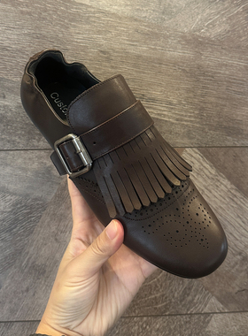 欧洲站头层牛皮单鞋复古纯手工流苏布洛克英伦风平底乐福鞋小皮鞋