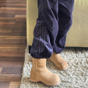 欧洲站牛反绒复古丑萌厚底增高显瘦大头靴小个子短靴羊羔毛雪地靴