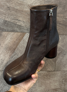 欧洲马皮不分趾秋冬复古粗高跟短靴做旧马丁靴猪蹄靴侧拉链高级感